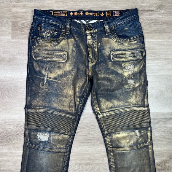 Rock Revival Gold Foiled Ayaan Biker Jeans Size 40 - Picture 14 of 16